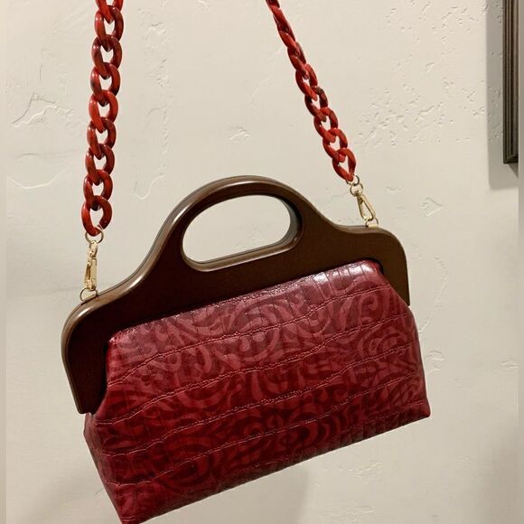 Burgundy Floral Embossed Cowhide Handmade Wooden Frame Top Handle Bag/Crossbody - Picture 6 of 16